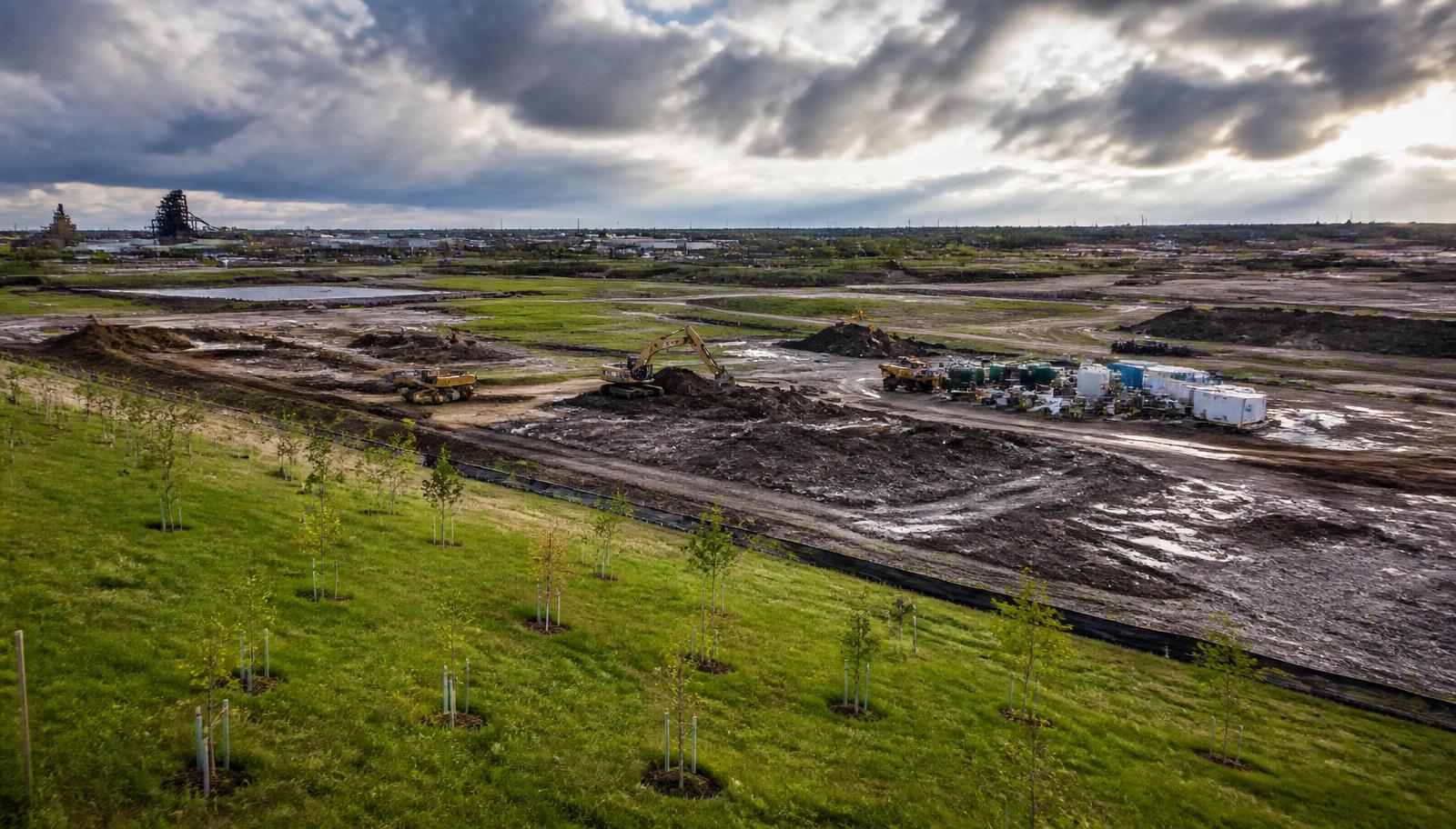 Brownfield restoration site with remediation equipment